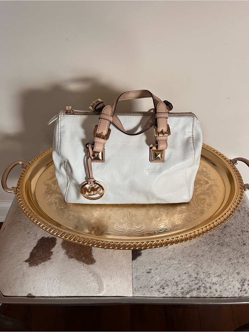 Michael Kors White Satchel with Blush Trim and Gold Hardware